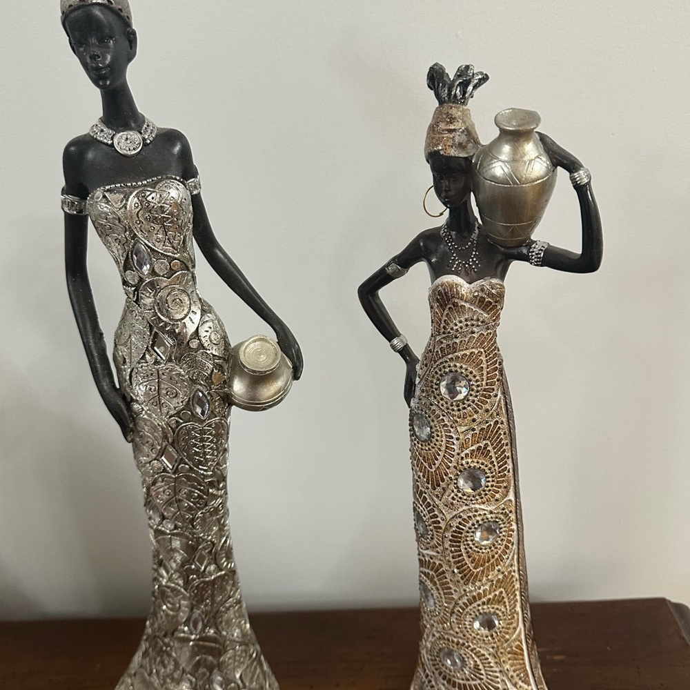 Decorative African Figurine Set - Black and Metallic Accent Home Art